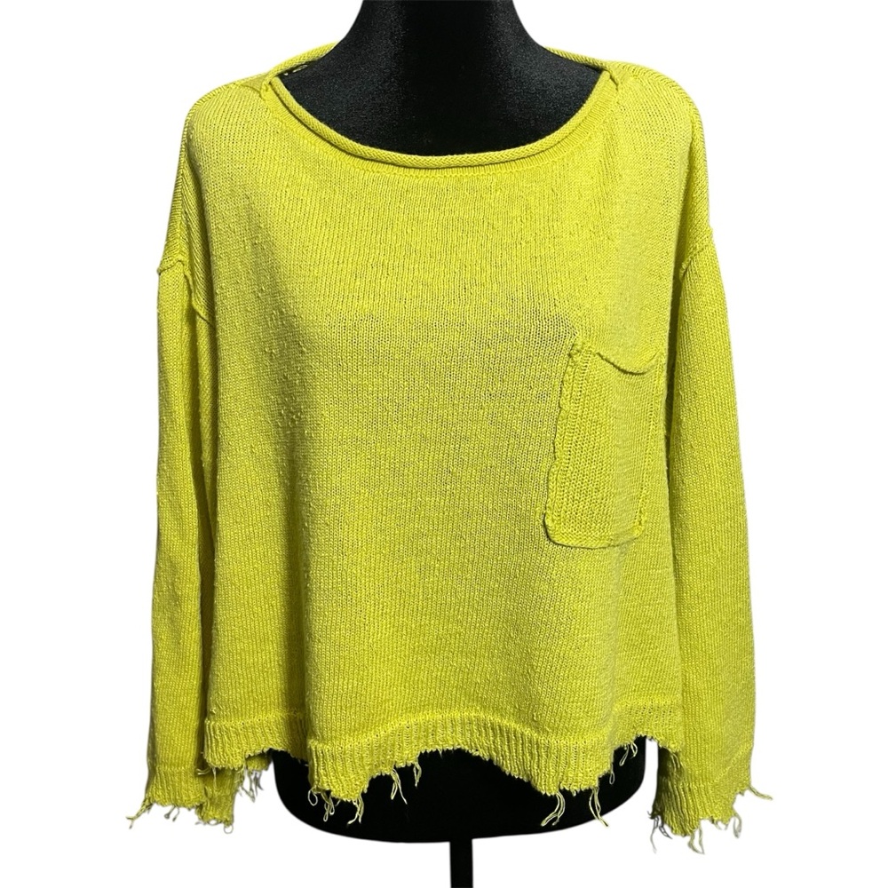 Free People Prism Knit Crop Sweater Yellow Lemon Zest linen blend distressed